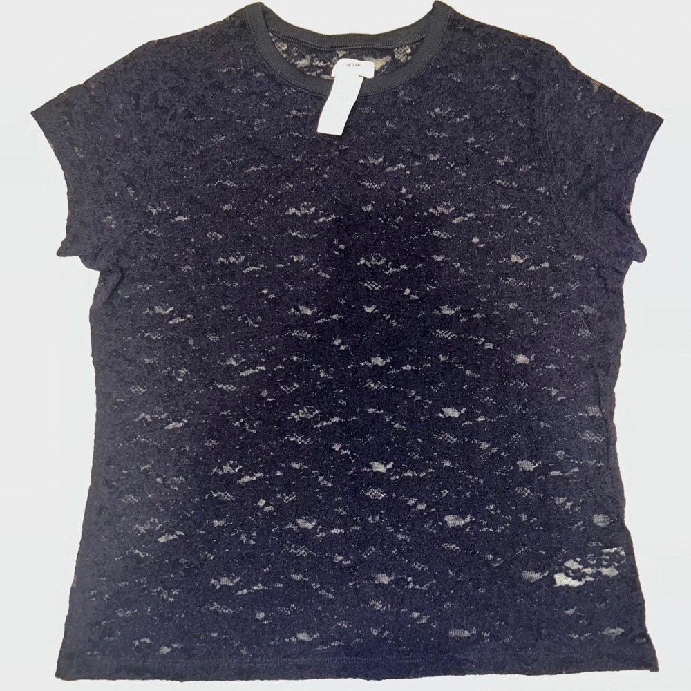 Aerie Lace Short Sleeve Top Women‎ Medium Navy Blue Sheer Floral Crew Neck NWT